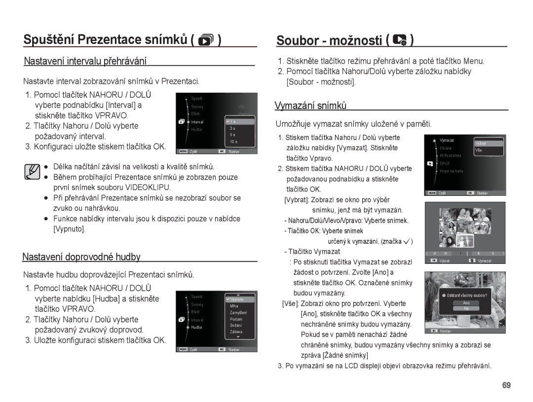 Samsung EC-ST50ZUBP/E3, EC-ST50ZBBP/E3 manual Nastavení intervalu pĜehrávání, Vymazání snímkĤ, Nastavení doprovodné hudby 