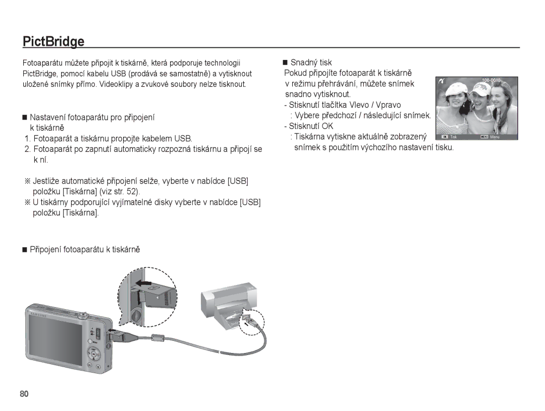 Samsung EC-ST50ZRBP/E3, EC-ST50ZBBP/E3, EC-ST50ZUBP/E3 manual PictBridge, Snímek s použitím výchozího nastavení tisku 