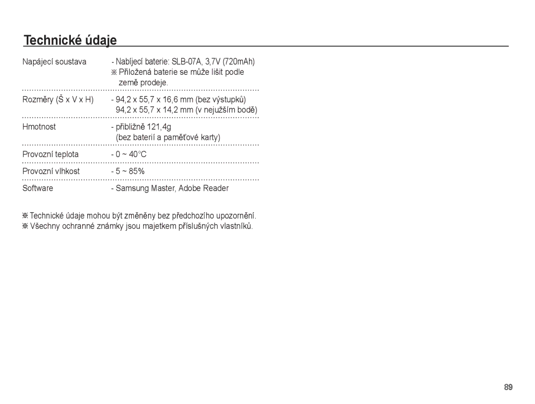 Samsung EC-ST50ZUBP/E3, EC-ST50ZBBP/E3 manual Napájecí soustava, ZemČ prodeje, ÄPĜiložená baterie se mĤže lišit podle 