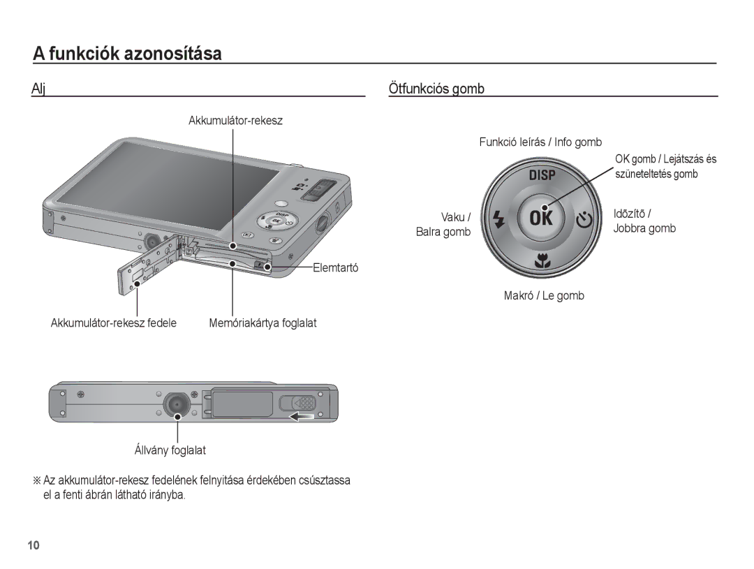 Samsung EC-ST50ZUBP/E3, EC-ST50ZBBP/IT Alj Ötfunkciós gomb, Akkumulátor-rekesz Funkció leírás / Info gomb, Makró / Le gomb 