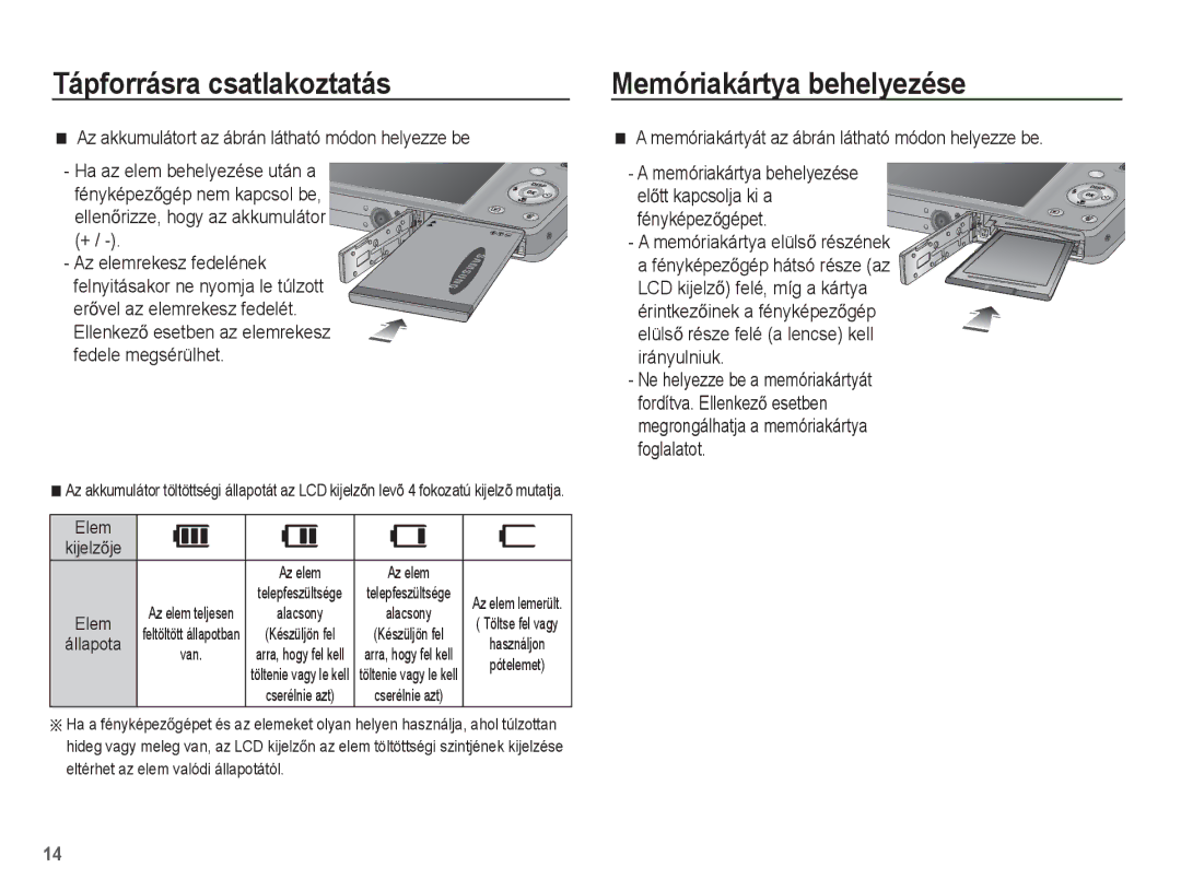 Samsung EC-ST50ZABA/E3 manual Memóriakártya behelyezése, Memóriakártyát az ábrán látható módon helyezze be, Elem KijelzĘje 