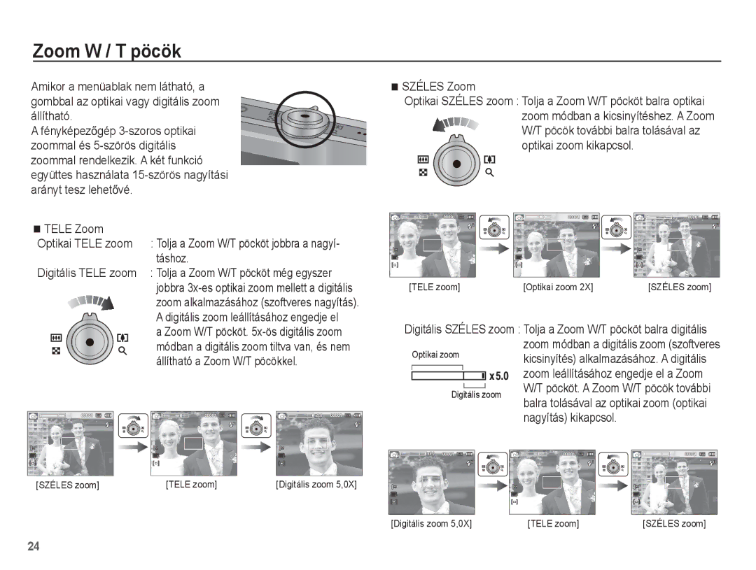 Samsung EC-ST50ZBBP/E3, EC-ST50ZBBP/IT, EC-ST50ZRBP/E3 Zoom W / T pöcök, Táshoz, Széles Zoom, Állítható a Zoom W/T pöcökkel 