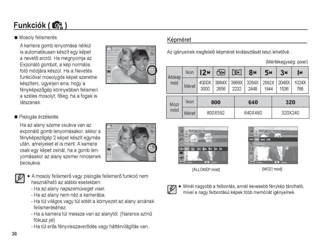 Samsung EC-ST50ZBBP/E2 manual Képméret, Mosoly felismerés, Pislogás érzékelés, 3000 2656 2232 2448 1944 1536 768 Mozi 