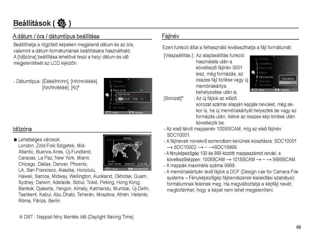 Samsung EC-ST50ZRBP/E3, EC-ST50ZBBP/IT, EC-ST50ZBBP/E3, EC-ST50ZUBP/E3 Dátum / óra / dátumtípus beállítása, IdĘzóna, Fájlnév 