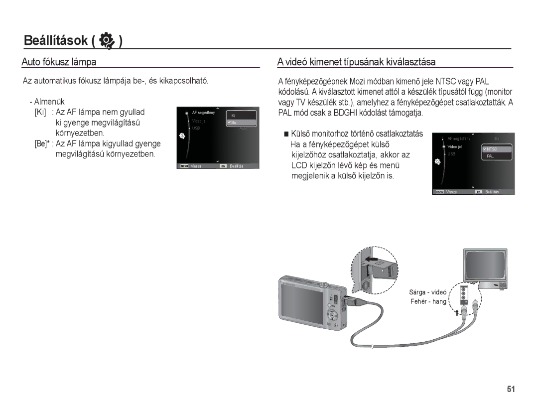 Samsung EC-ST50ZSBP/E3, EC-ST50ZBBP/IT manual Auto fókusz lámpa, Videó kimenet típusának kiválasztása, Környezetben 