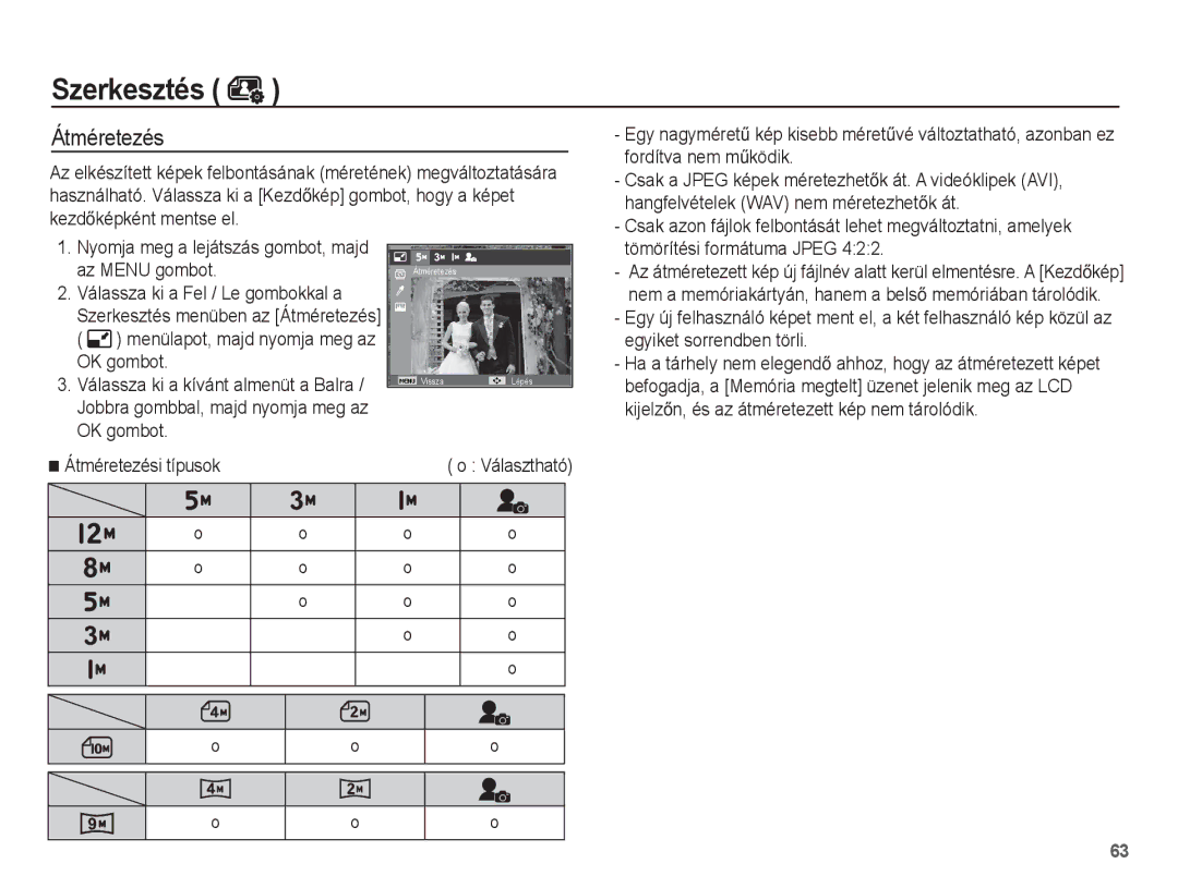 Samsung EC-ST50ZBBP/IT, EC-ST50ZBBP/E3, EC-ST50ZRBP/E3, EC-ST50ZUBP/E3, EC-ST50ZSBP/E3 manual Szerkesztés, Átméretezés 