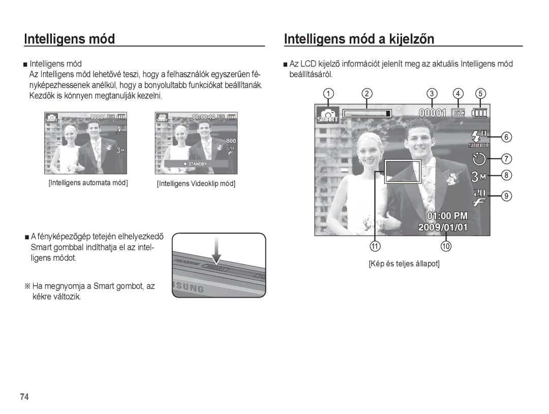 Samsung EC-ST50ZUBP/E3, EC-ST50ZBBP/IT Intelligens mód a kijelzĘn, ÄHa megnyomja a Smart gombot, az kékre változik 