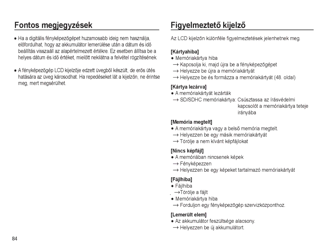 Samsung EC-ST50ZBBP/E2 manual FigyelmeztetĘ kijelzĘ, Az LCD kijelzõn különféle figyelmeztetések jelenhetnek meg, Fájlhiba 