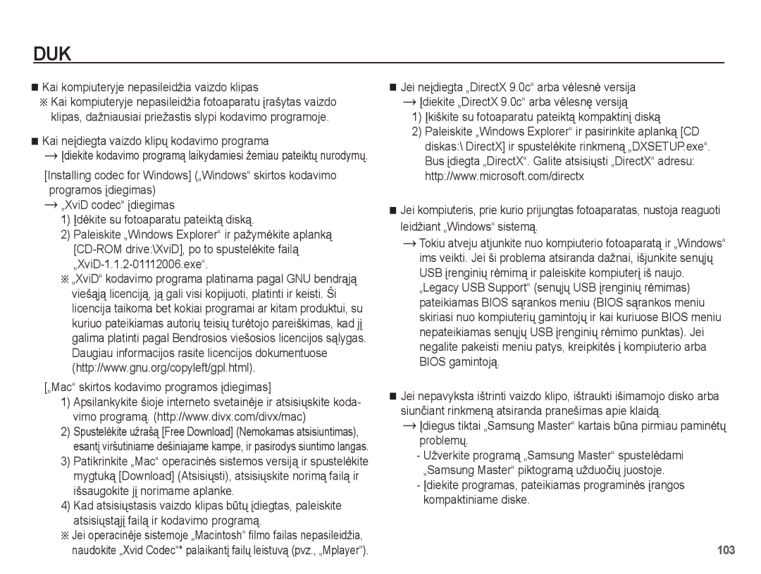 Samsung EC-ST50ZRBP/RU manual Kai kompiuteryje nepasileidžia vaizdo klipas, Kai neƳdiegta vaizdo klipǐ kodavimo programa 