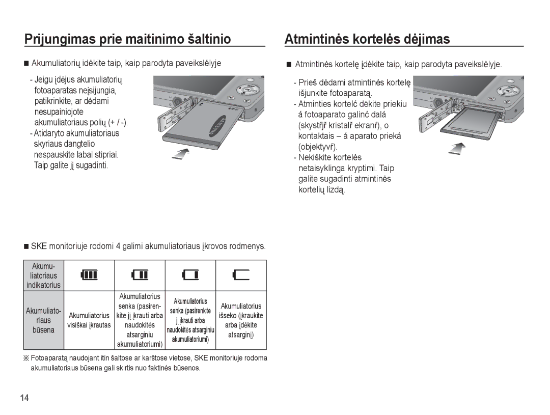 Samsung EC-ST50ZBBP/RU manual Atmintinơs kortelơs dơjimas, Akumuliatoriǐ idơkite taip, kaip parodyta paveikslơlyje 