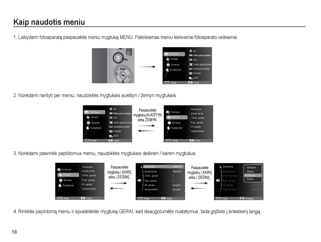 Samsung EC-ST50ZSBP/RU, EC-ST50ZBBP/RU, EC-ST50ZRBP/RU manual Kaip naudotis meniu, Arba Žemyn 