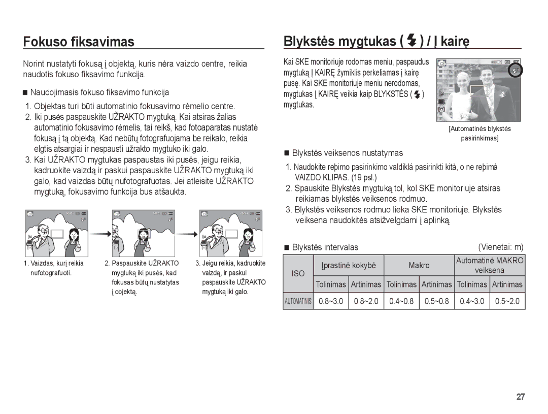 Samsung EC-ST50ZSBP/RU manual Fokuso ﬁksavimas, Blykstơs mygtukas / Ʋ kairĊ, Blykstơs intervalas Vienetai m, ~3.0 ~2.0 ~0.8 