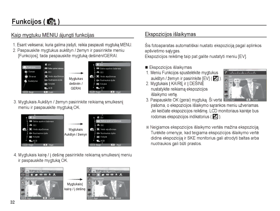 Samsung EC-ST50ZBBP/RU Kaip mygtuku Meniu ájungti funkcijas, Ekspozicijos išlaikymas, Aukštyn / žemyn ir pasirinkite EV 