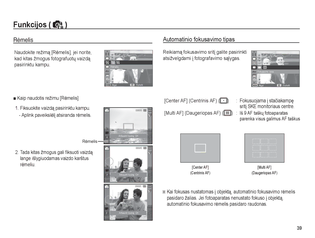 Samsung EC-ST50ZSBP/RU manual Rėmelis Automatinio fokusavimo tipas, Iš 9 AF taškǐ fotoaparatas, Multi AF Daugeriopas AF 