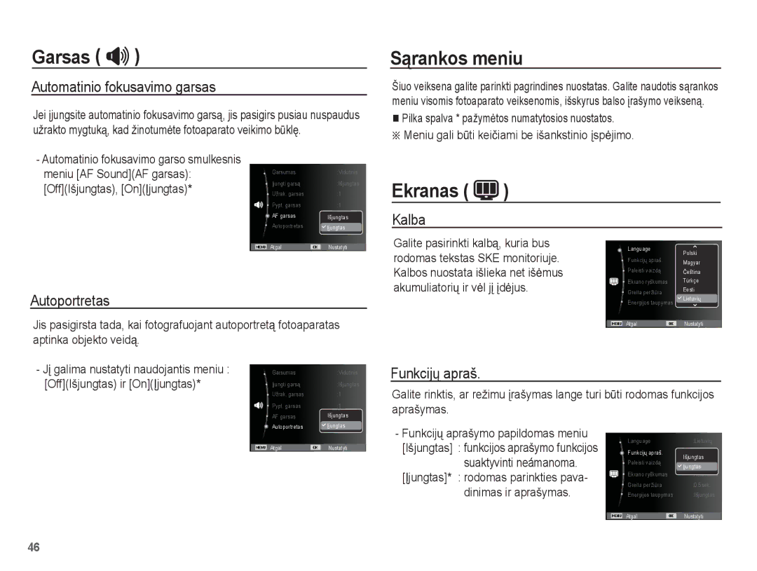 Samsung EC-ST50ZRBP/RU, EC-ST50ZBBP/RU, EC-ST50ZSBP/RU manual Sąrankos meniu, Ekranas 