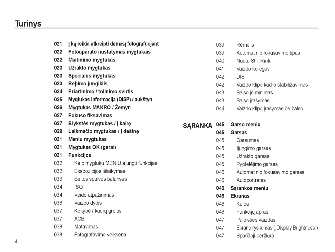 Samsung EC-ST50ZRBP/RU, EC-ST50ZBBP/RU, EC-ST50ZSBP/RU manual Sąranka 045 Garso meniu 045 Garsas 