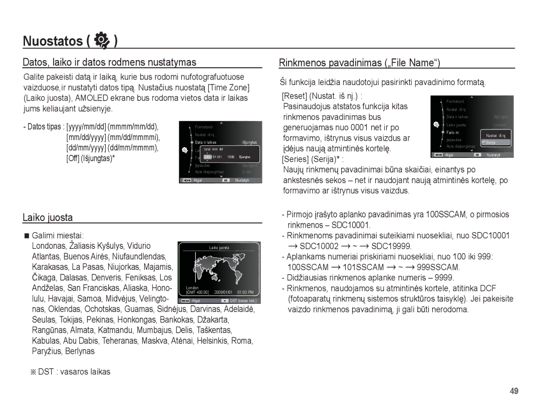 Samsung EC-ST50ZRBP/RU manual Datos, laiko ir datos rodmens nustatymas, Rinkmenos pavadinimas „File Name, Laiko juosta 