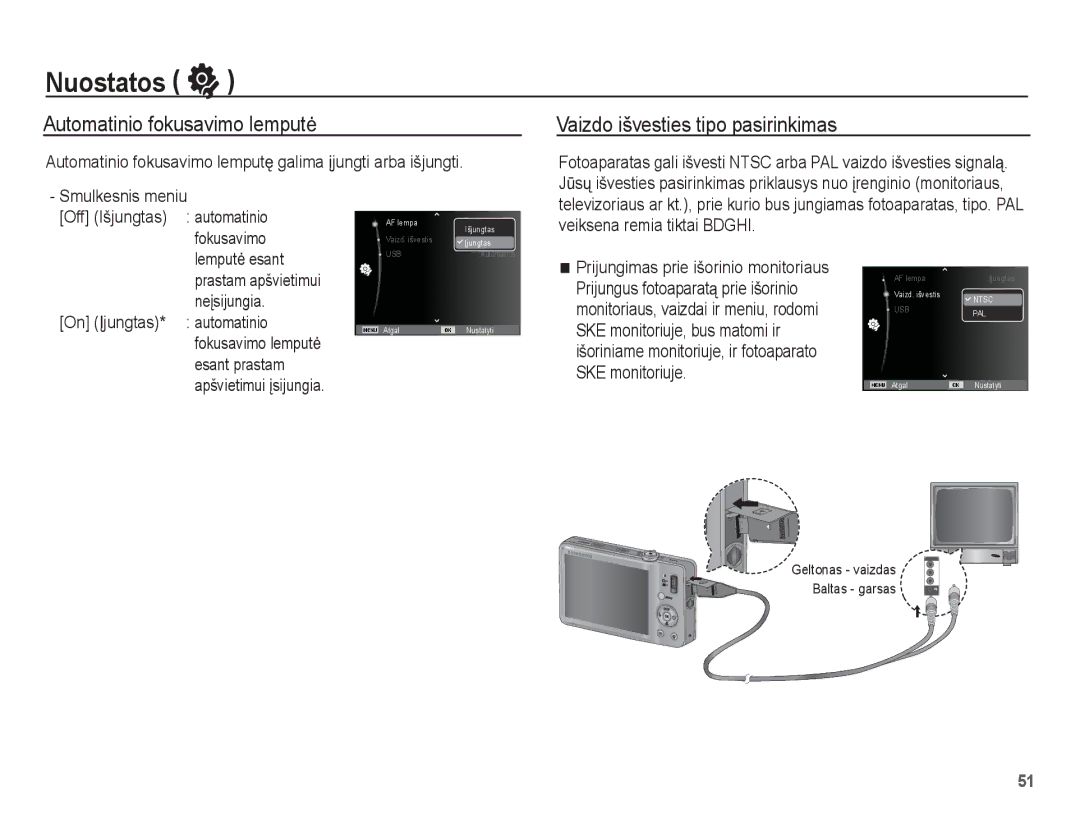 Samsung EC-ST50ZSBP/RU, EC-ST50ZBBP/RU, EC-ST50ZRBP/RU Automatinio fokusavimo lemputơ, Vaizdo išvesties tipo pasirinkimas 