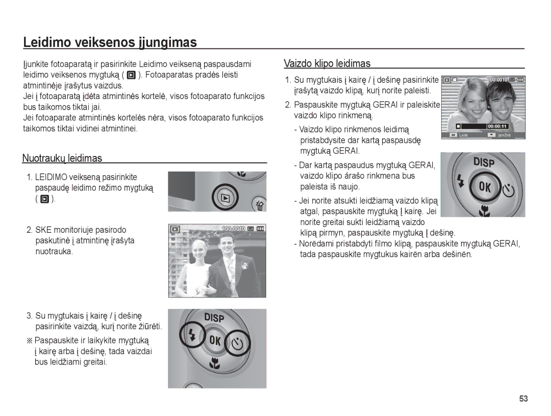 Samsung EC-ST50ZBBP/RU, EC-ST50ZSBP/RU manual Leidimo veiksenos Ƴjungimas, Vaizdo klipo leidimas, Nuotraukǐ leidimas 