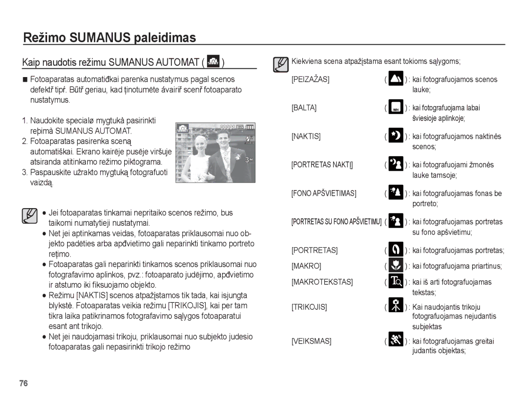 Samsung EC-ST50ZRBP/RU, EC-ST50ZBBP/RU, EC-ST50ZSBP/RU manual Kaip naudotis režimu Sumanus Automat 