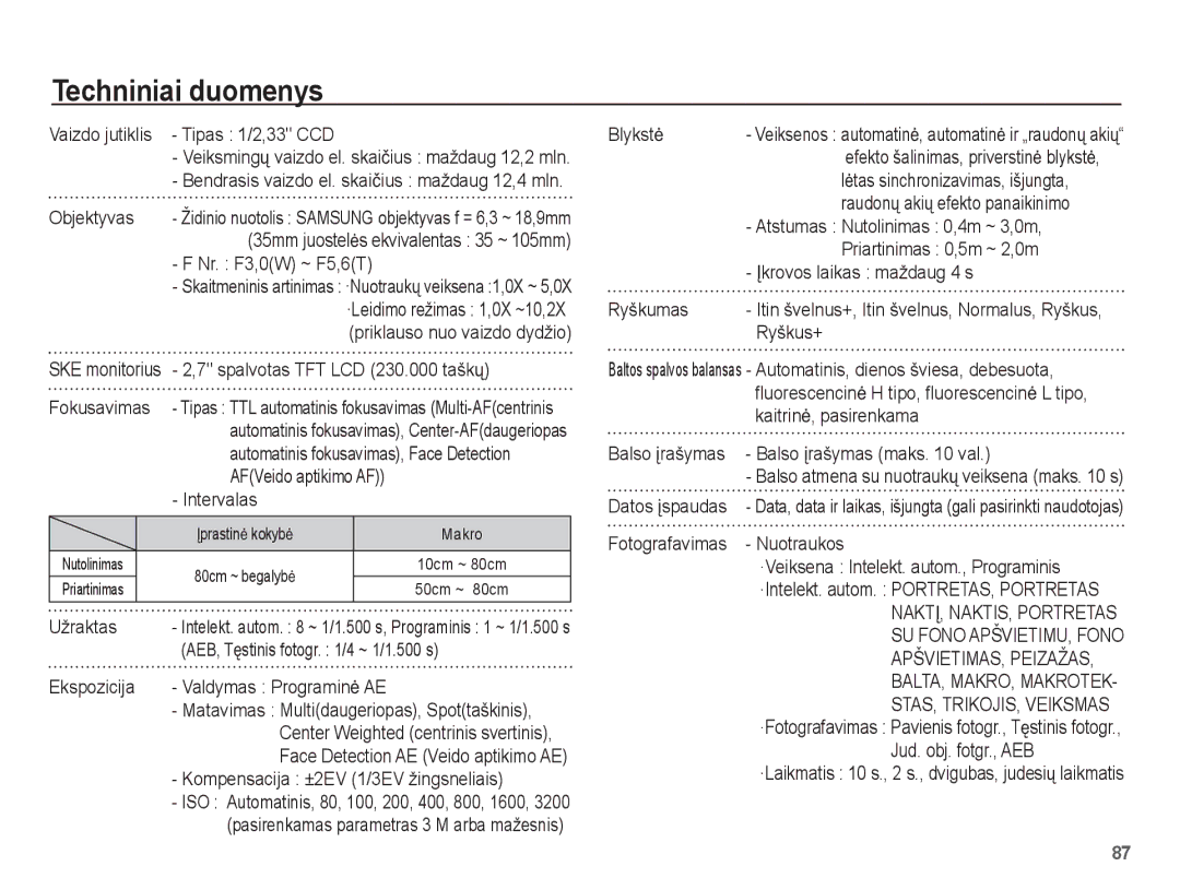 Samsung EC-ST50ZSBP/RU, EC-ST50ZBBP/RU, EC-ST50ZRBP/RU manual Techniniai duomenys 