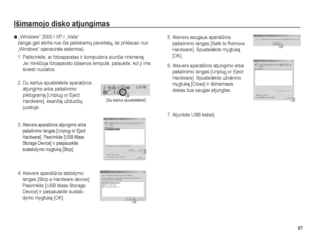 Samsung EC-ST50ZRBP/RU manual Išimamojo disko atjungimas, Piktogramą Unplug or Eject Hardware, esanþią užduoþiǐ, Juostoje 