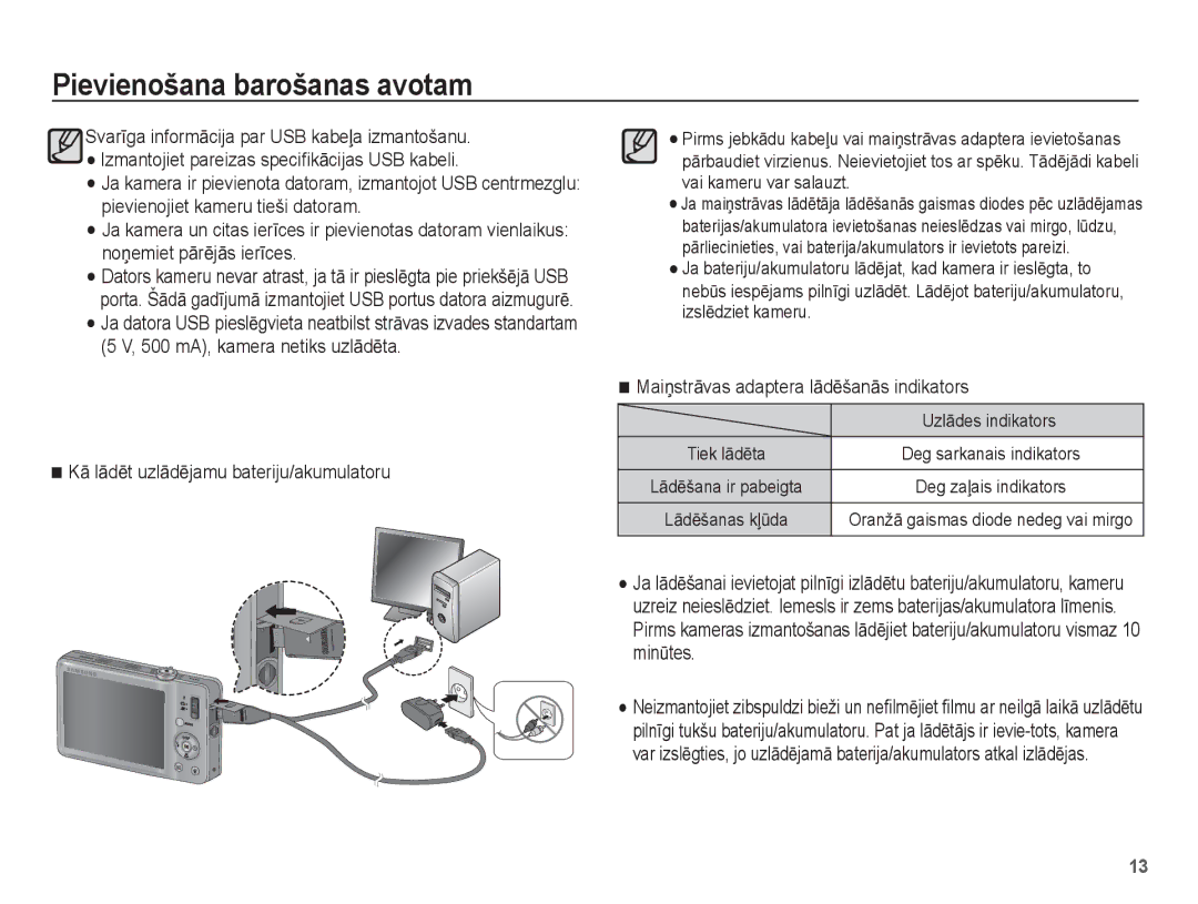 Samsung EC-ST50ZRBP/RU, EC-ST50ZBBP/RU KƗ lƗdƝt uzlƗdƝjamu bateriju/akumulatoru, MaiƼstrƗvas adaptera lƗdƝšanƗs indikators 