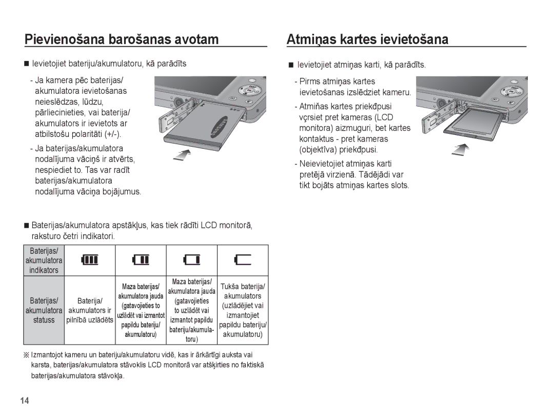 Samsung EC-ST50ZBBP/RU manual AtmiƼas kartes ievietošana, Ievietojiet bateriju/akumulatoru, kƗ parƗdƯts, Baterijas 