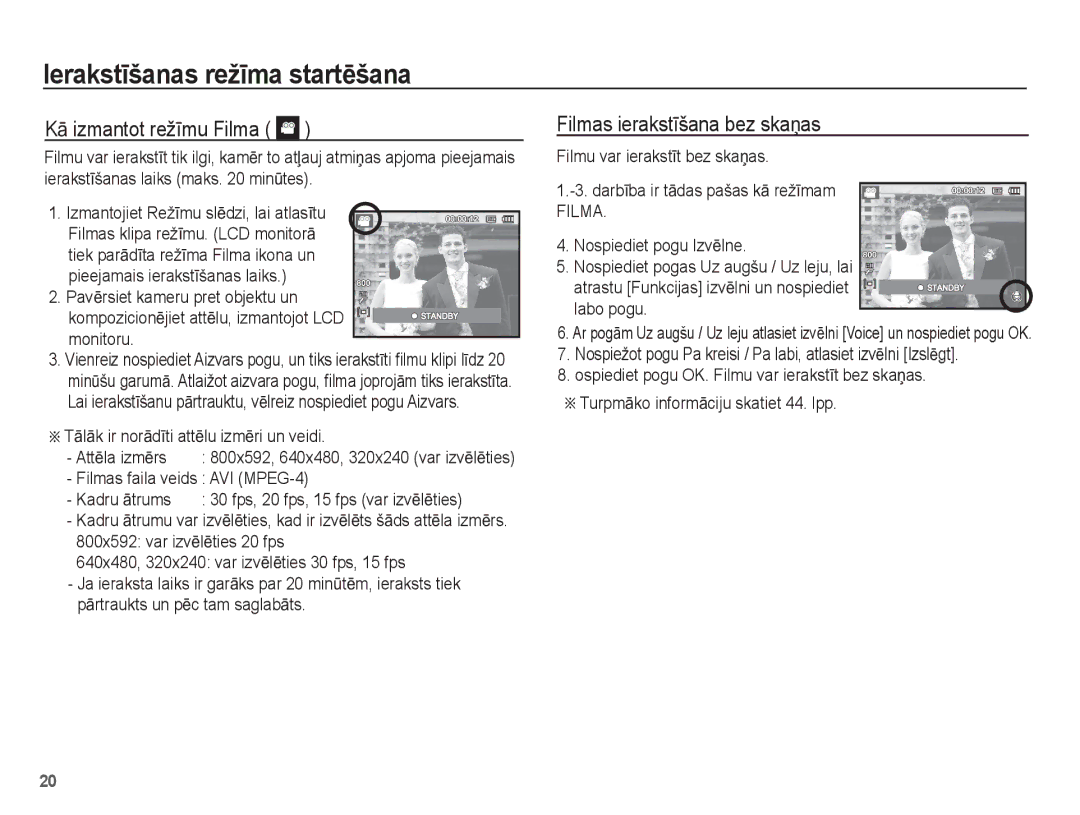 Samsung EC-ST50ZBBP/RU manual KƗ izmantot režƯmu Filma, Filmas ierakstƯšana bez skaƼas, Filmas faila veids AVI MPEG-4 