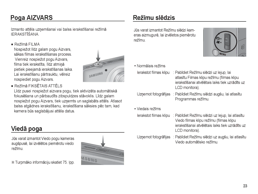 Samsung EC-ST50ZBBP/RU, EC-ST50ZSBP/RU, EC-ST50ZRBP/RU manual Poga Aizvars, ViedƗ poga, RežƯmu slƝdzis 