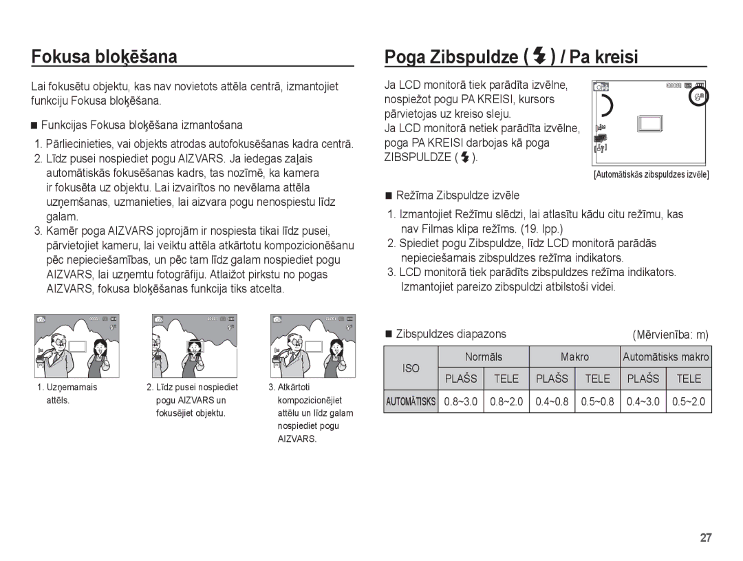 Samsung EC-ST50ZSBP/RU, EC-ST50ZBBP/RU, EC-ST50ZRBP/RU Fokusa bloƷƝšana, Poga Zibspuldze / Pa kreisi, Zibspuldzes diapazons 