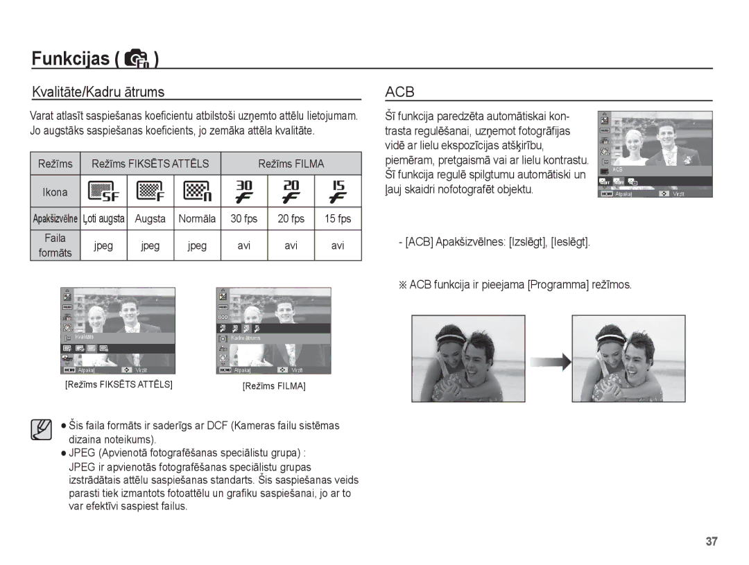 Samsung EC-ST50ZRBP/RU, EC-ST50ZBBP/RU, EC-ST50ZSBP/RU KvalitƗte/Kadru Ɨtrums, ACB funkcija ir pieejama Programma režƯmos 