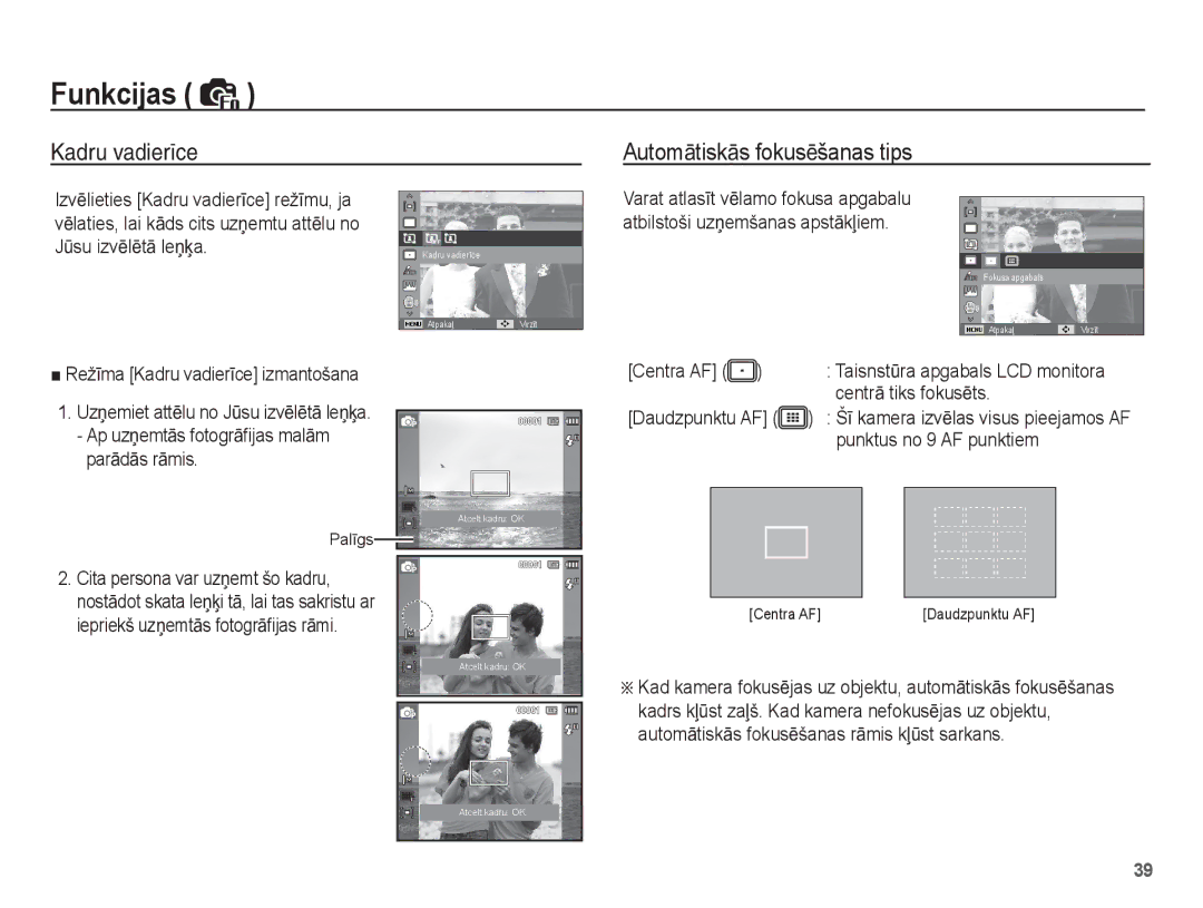 Samsung EC-ST50ZSBP/RU, EC-ST50ZBBP/RU Kadru vadierīce, AutomƗtiskƗs fokusƝšanas tips, Centra AF, CentrƗ tiks fokusƝts 