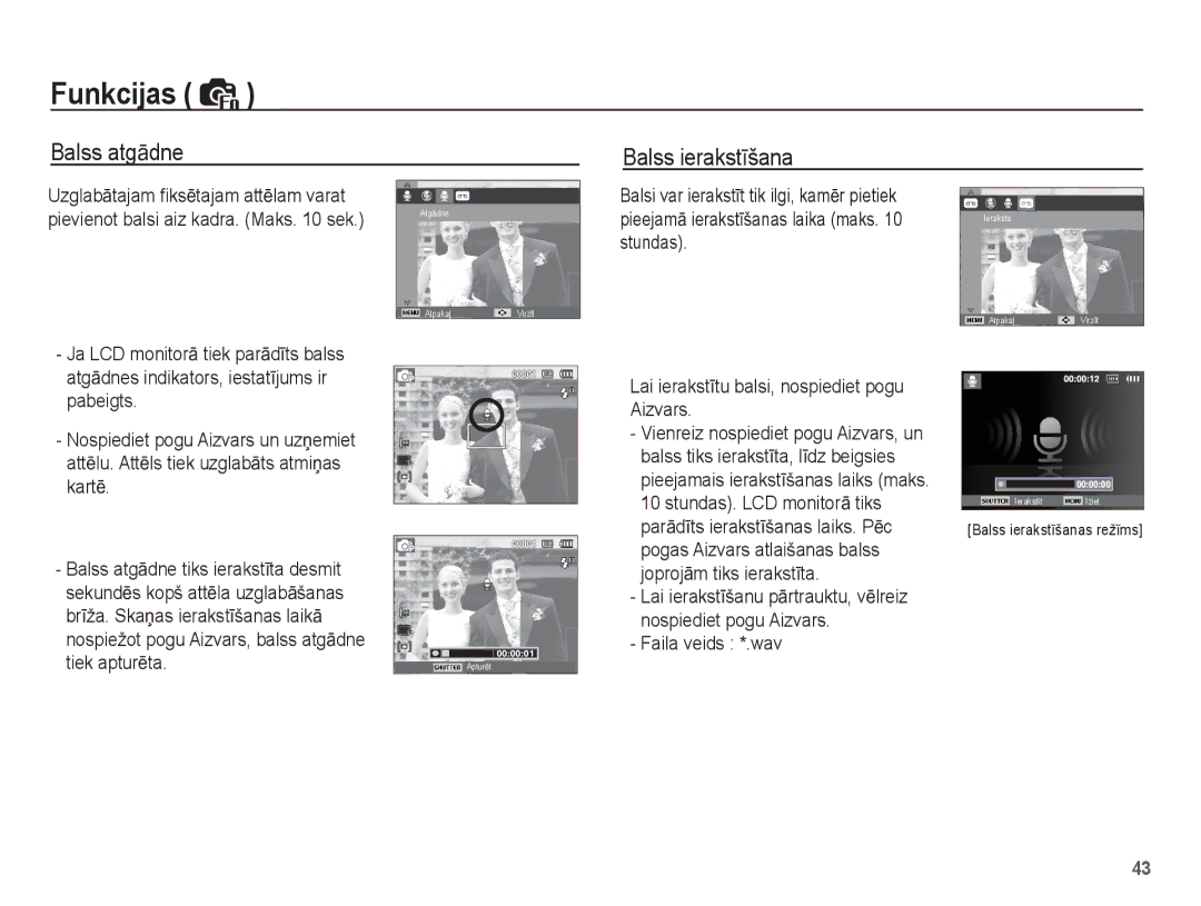 Samsung EC-ST50ZRBP/RU manual Balss atgƗdne, Balss ierakstƯšana, Stundas, Lai ierakstƯtu balsi, nospiediet pogu Aizvars 