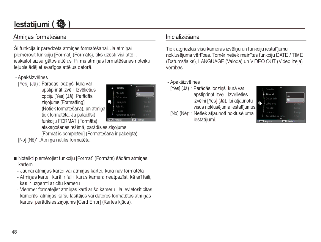 Samsung EC-ST50ZSBP/RU, EC-ST50ZBBP/RU, EC-ST50ZRBP/RU manual IestatƯjumi, AtmiƼas formatƝšana, InicializƝšana 