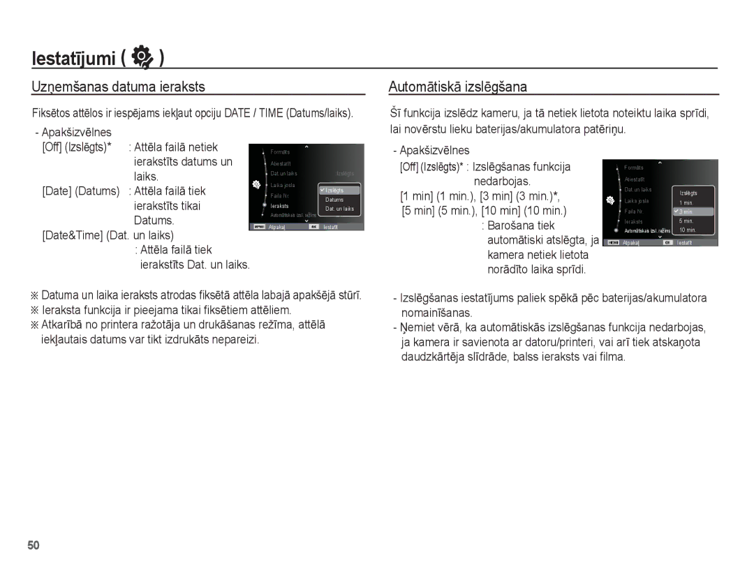 Samsung EC-ST50ZBBP/RU, EC-ST50ZSBP/RU, EC-ST50ZRBP/RU manual UzƼemšanas datuma ieraksts, AutomƗtiskƗ izslƝgšana 