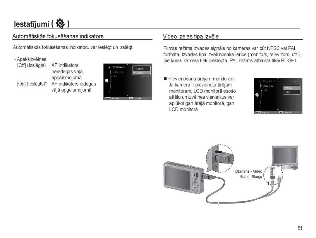 Samsung EC-ST50ZSBP/RU, EC-ST50ZBBP/RU manual AutomƗtiskƗs fokusƝšanas indikators, Video izejas tipa izvƝle, Neiedegas vƗjƗ 