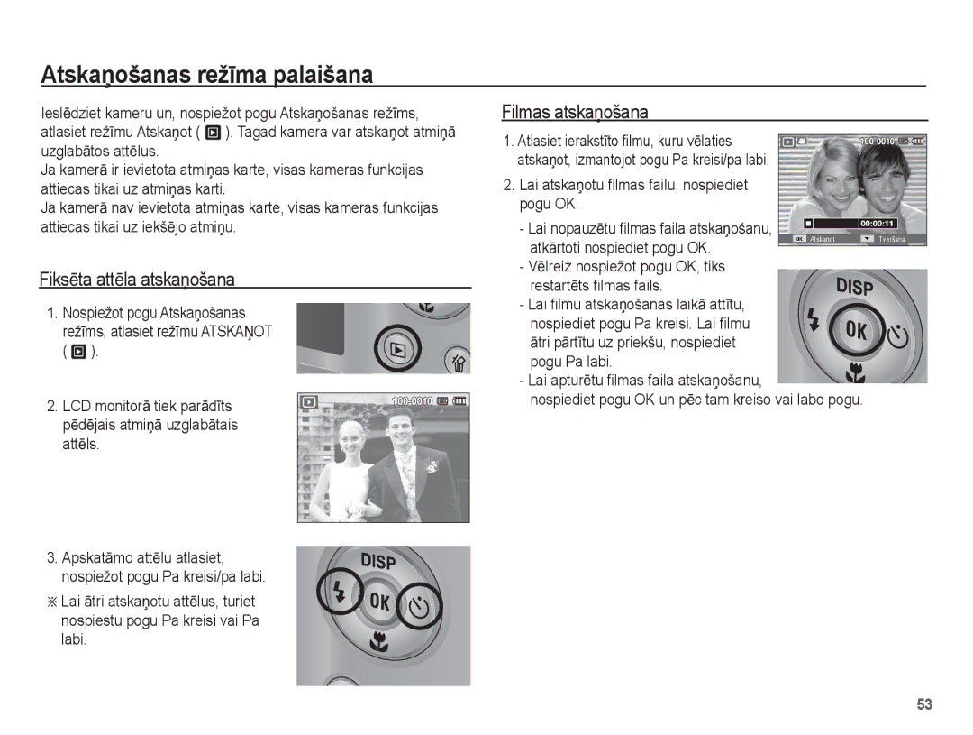 Samsung EC-ST50ZBBP/RU, EC-ST50ZSBP/RU manual AtskaƼošanas režƯma palaišana, FiksƝta attƝla atskaƼošana, Filmas atskaƼošana 