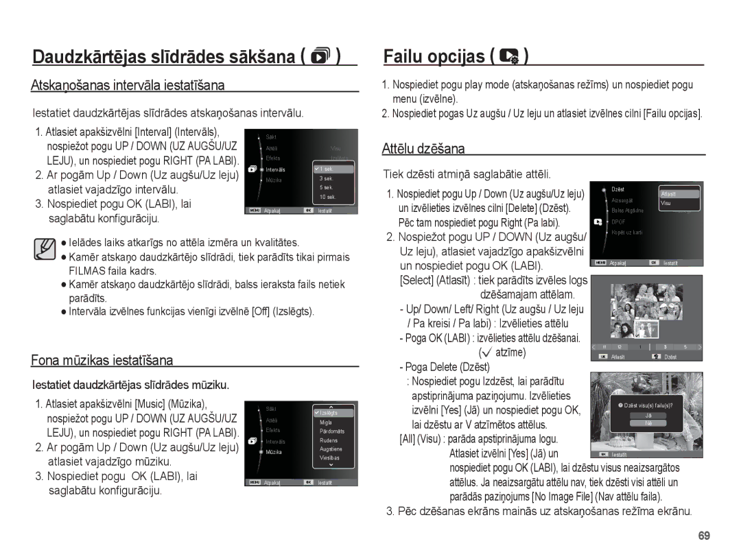 Samsung EC-ST50ZSBP/RU manual Failu opcijas, AtskaƼošanas intervƗla iestatƯšana, Fona mǌzikas iestatƯšana, AttƝlu dzƝšana 