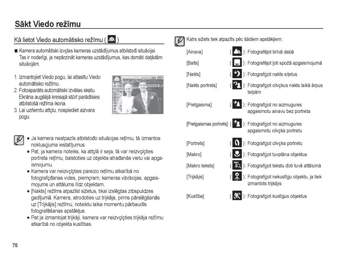 Samsung EC-ST50ZRBP/RU, EC-ST50ZBBP/RU, EC-ST50ZSBP/RU manual KƗ lietot Viedo automƗtisko režƯmu 