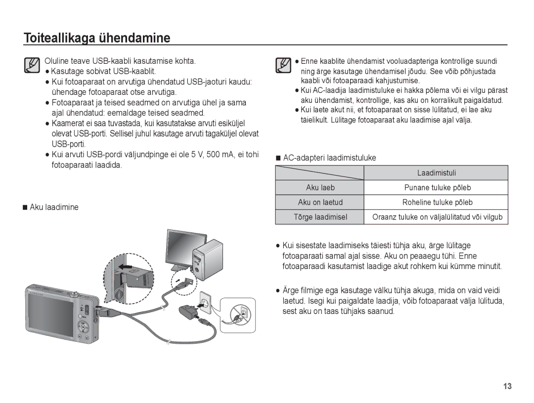 Samsung EC-ST50ZRBP/RU, EC-ST50ZBBP/RU, EC-ST50ZSBP/RU manual AC-adapteri laadimistuluke, Laadimistuli 