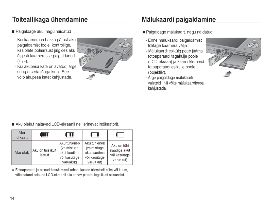 Samsung EC-ST50ZBBP/RU manual Mälukaardi paigaldamine, Paigaldage aku, nagu näidatud, Paigaldage mälukaart, nagu näidatud 