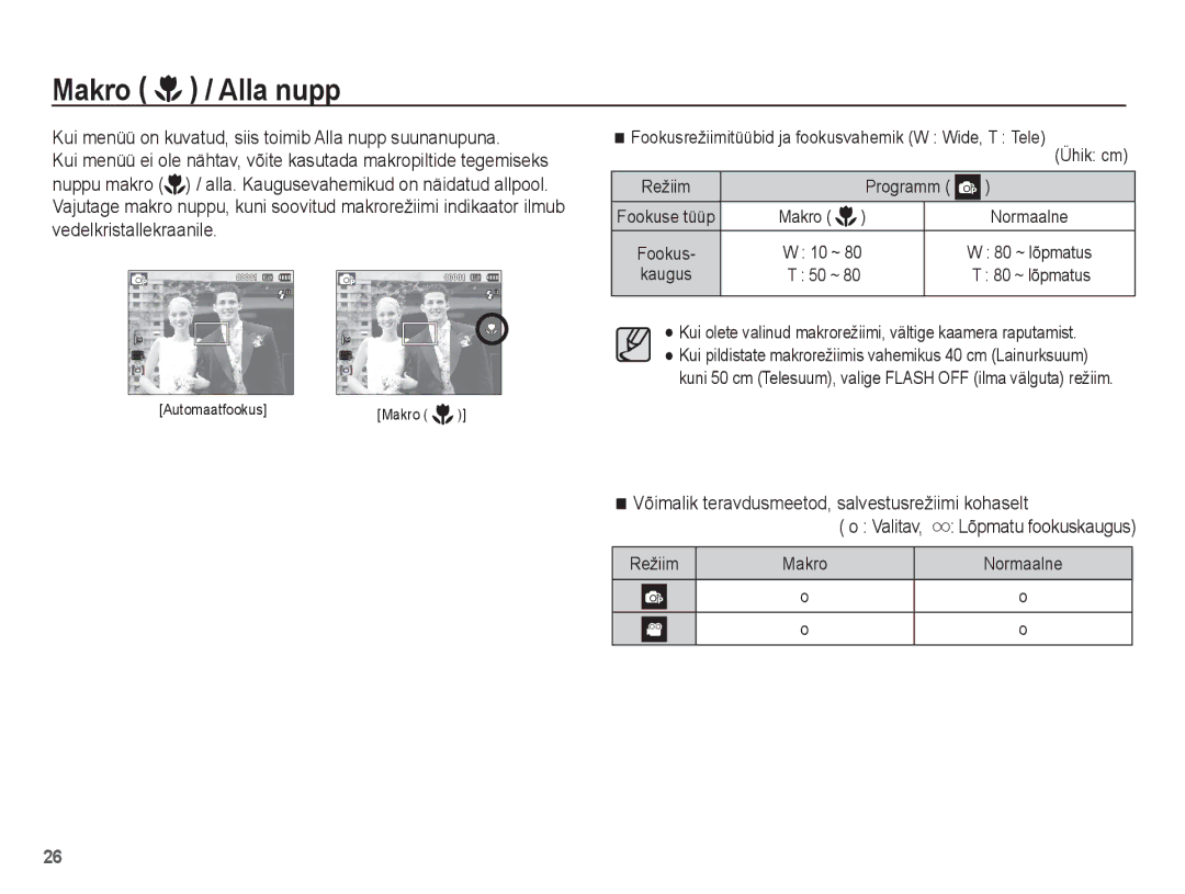 Samsung EC-ST50ZBBP/RU manual Makro / Alla nupp, Kui menüü on kuvatud, siis toimib Alla nupp suunanupuna, 80 ~ lõpmatus 