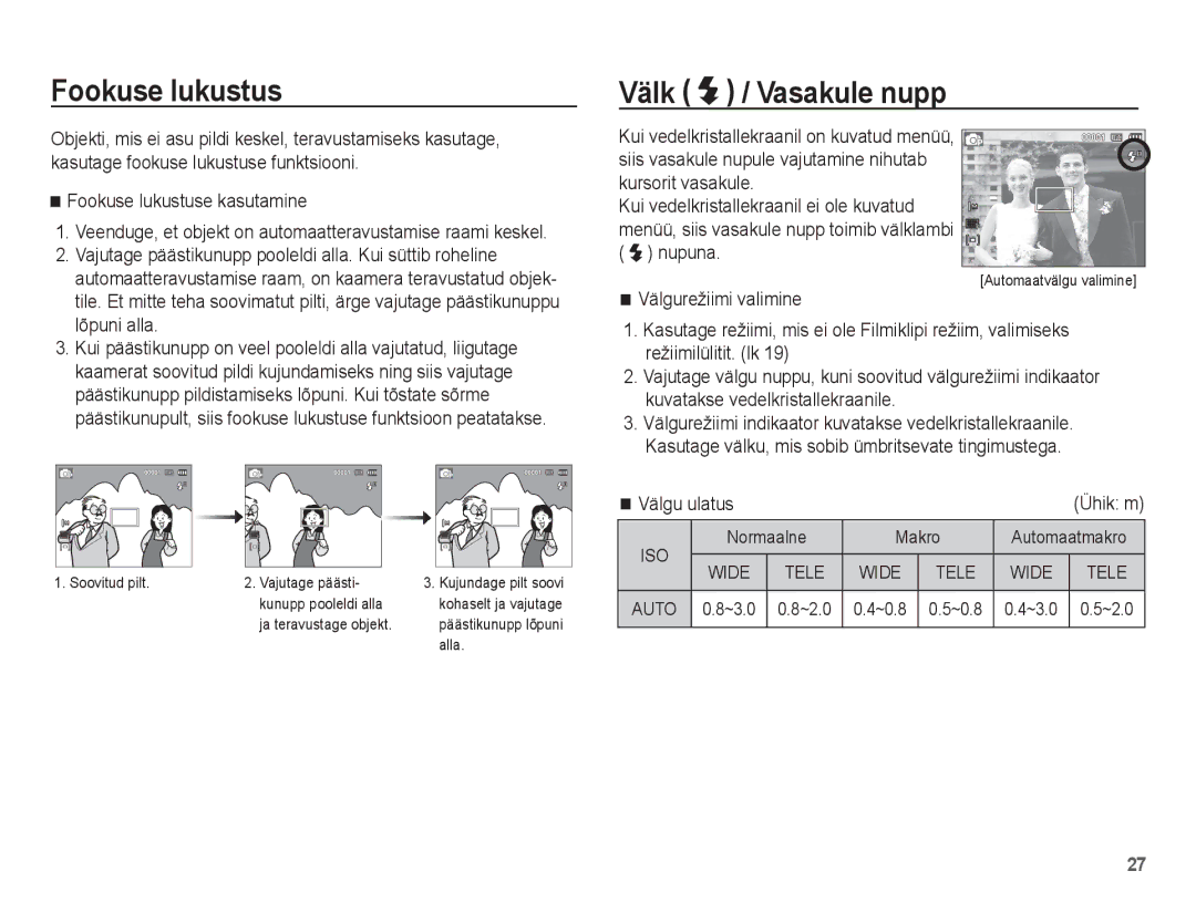 Samsung EC-ST50ZSBP/RU, EC-ST50ZBBP/RU, EC-ST50ZRBP/RU manual Fookuse lukustus, Välk / Vasakule nupp, Välgu ulatus 