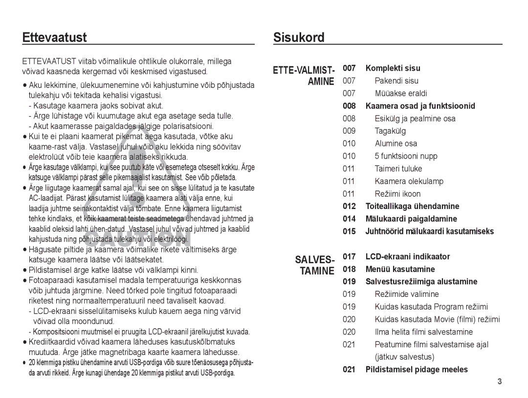 Samsung EC-ST50ZSBP/RU, EC-ST50ZBBP/RU, EC-ST50ZRBP/RU manual Ettevaatust Sisukord, Pakendi sisu 007 Müüakse eraldi 