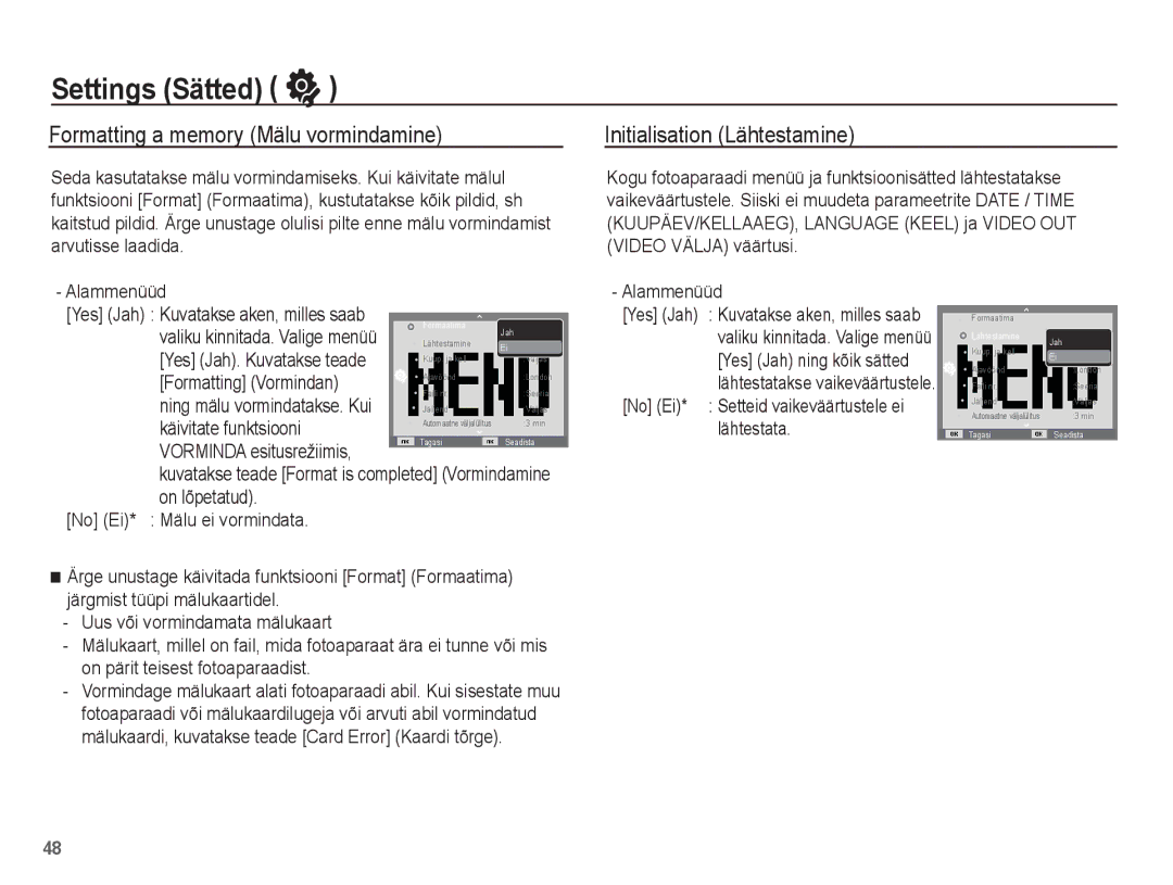 Samsung EC-ST50ZSBP/RU, EC-ST50ZBBP/RU Settings Sätted, Formatting a memory Mälu vormindamine, Initialisation Lähtestamine 