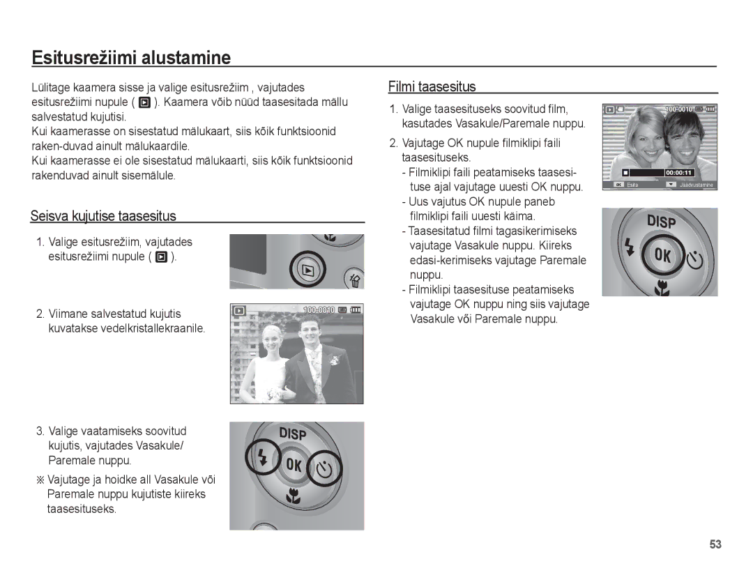 Samsung EC-ST50ZBBP/RU, EC-ST50ZSBP/RU manual Esitusrežiimi alustamine, Filmi taasesitus, Seisva kujutise taasesitus 