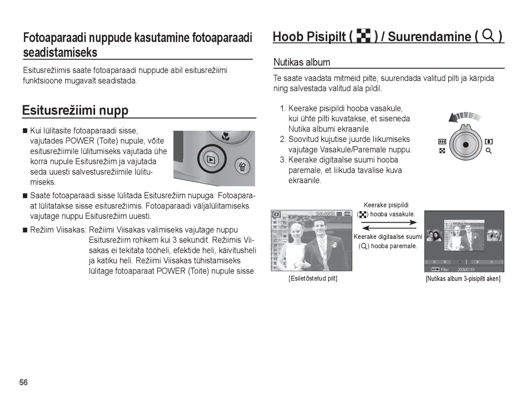 Samsung EC-ST50ZBBP/RU Fotoaparaadi nuppude kasutamine fotoaparaadi seadistamiseks, Esitusrežiimi nupp, Nutikas album 