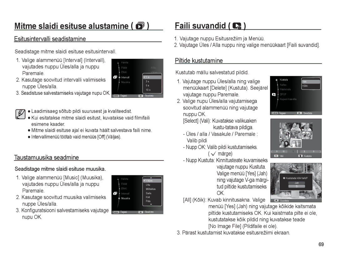 Samsung EC-ST50ZSBP/RU manual Faili suvandid, Esitusintervalli seadistamine, Piltide kustutamine, Taustamuusika seadmine 