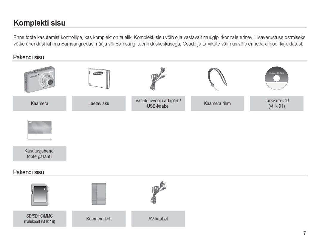 Samsung EC-ST50ZRBP/RU, EC-ST50ZBBP/RU, EC-ST50ZSBP/RU manual Komplekti sisu, Pakendi sisu 